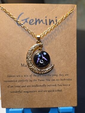 Gemini Gold-Tone Crescent Moon Necklace with Black Galaxy Pendant